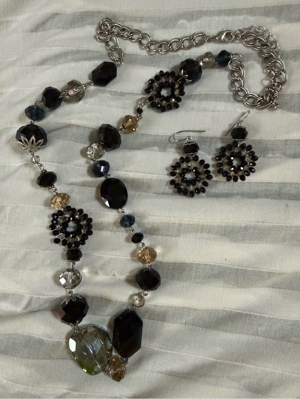 Vintage Black, Smoky and Olive Crystal Necklace with Matching Earrings